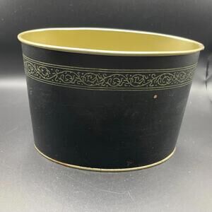 Vintage Black & Gold Metal Toleware Oval Tabletop Desk Bin Planter